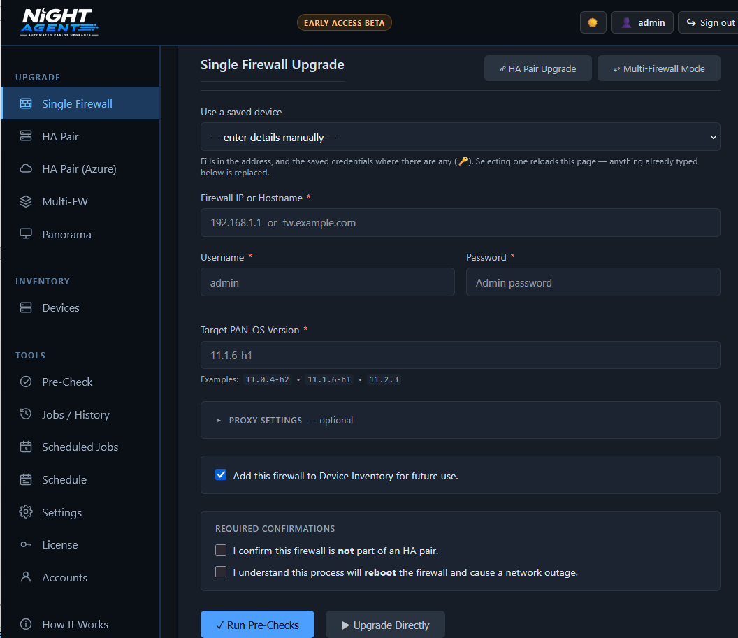 The single firewall upgrade form
